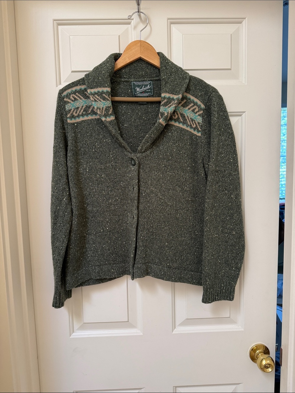 Woolrich “Spruce Heather”Shawl Collar Patterned Yoke Cardigan - Large